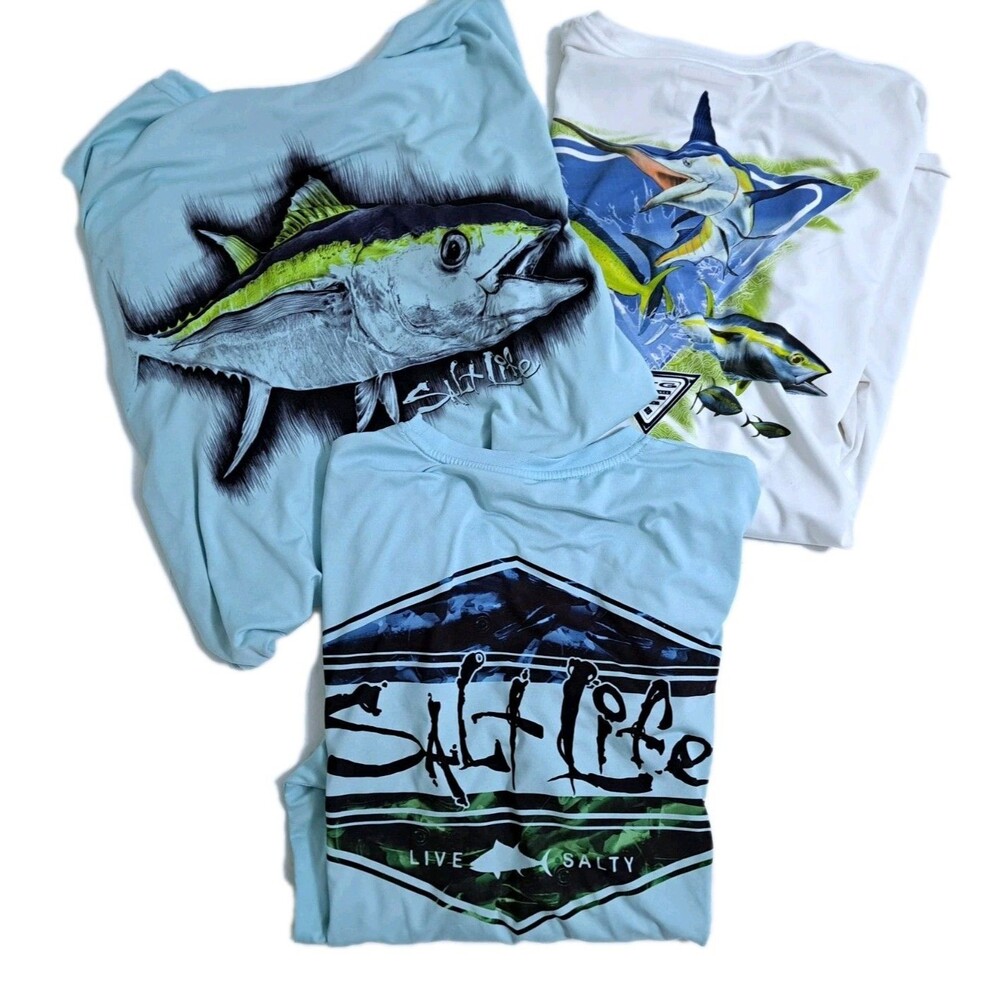 Salt Life Columbia Shirt Lot of 3 Men's Medium Fishing Tshirts Tuna Marlin Boat